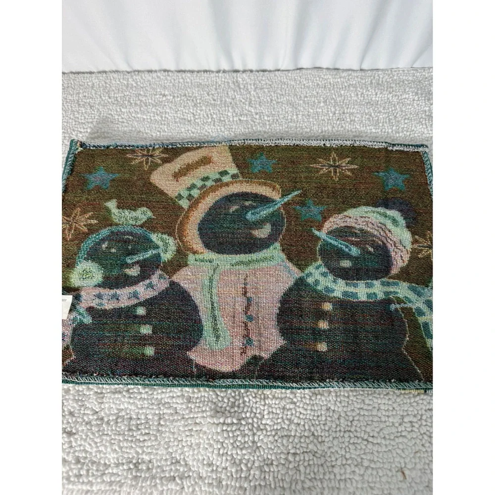 VTG Winter Snowman Tapestry Table Runner & Pot Holder Set Christmas Holiday 5 pc